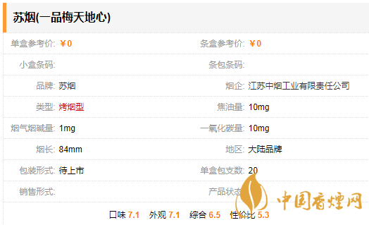 蘇煙一品梅天地心多少錢一包 蘇煙一品梅天地心口感分析