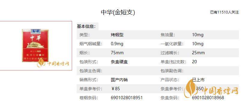 中華金短支多少錢一包 中華金短支多少一條